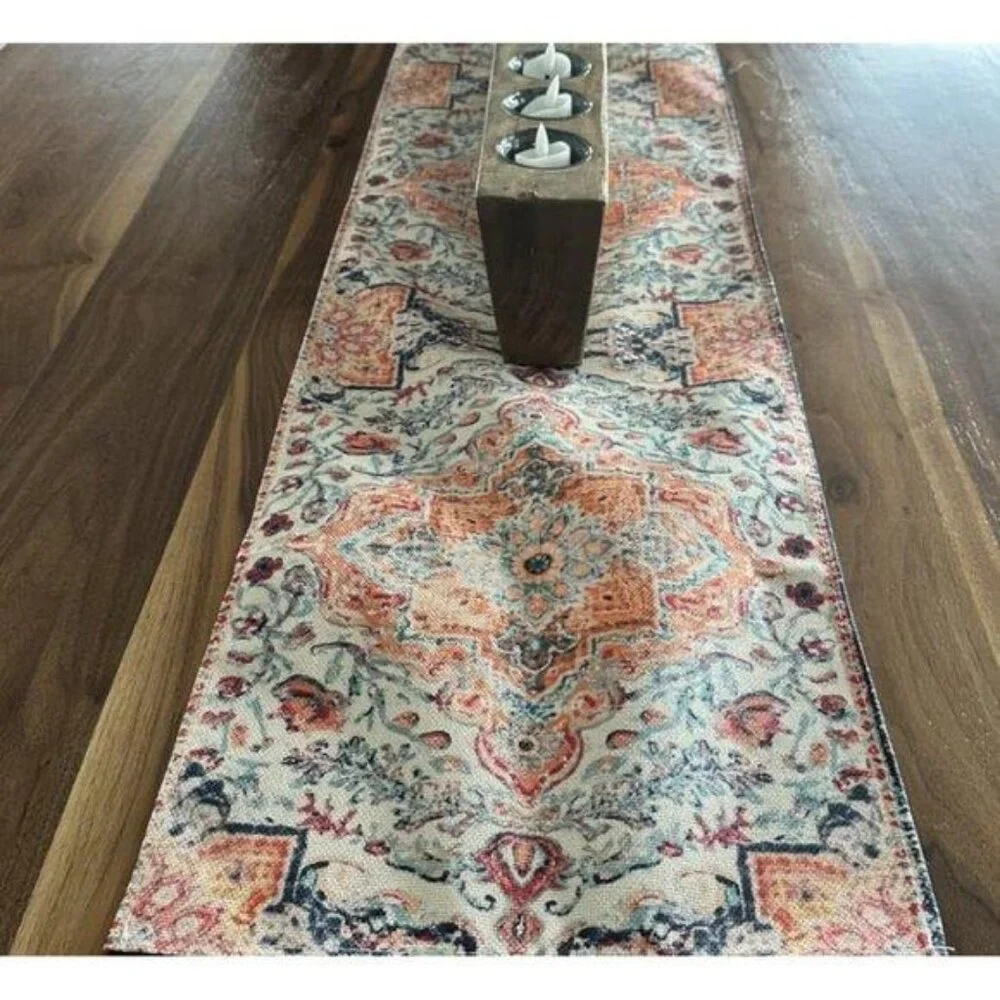 Boho Table Runner Bohemian Cottage Farmhouse Decor Dining Cloth Orange 13x90